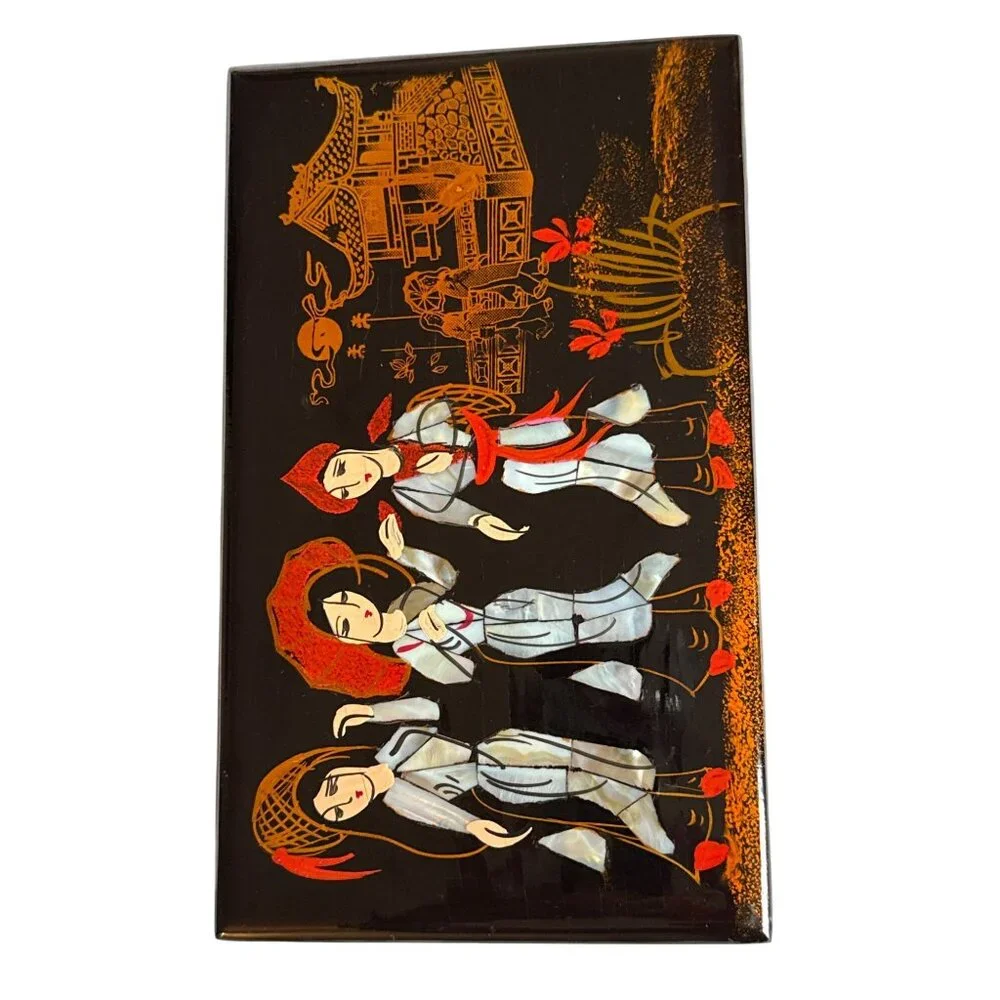 Japanese Black Lacquer Jewelry Box With Mother Of Pearl Inlay & Red Velvet Inter